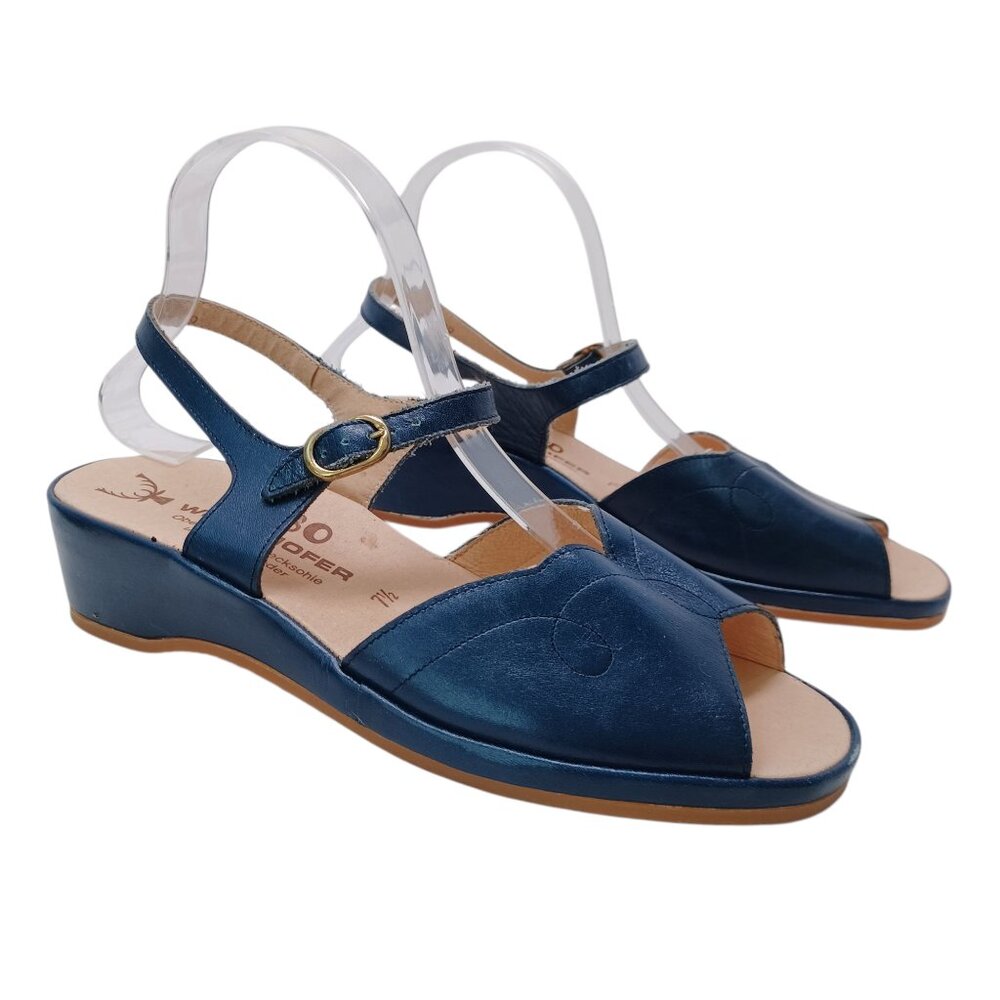 Worishofer Shoes JVBO Blue Leather Wedge Sandals‎ Adjustable Strap Womens 7.5